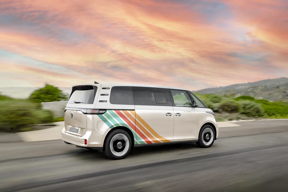 Volkswagen ID. Buzz with a striped vehicle wrap, from Wrapmate’s public site