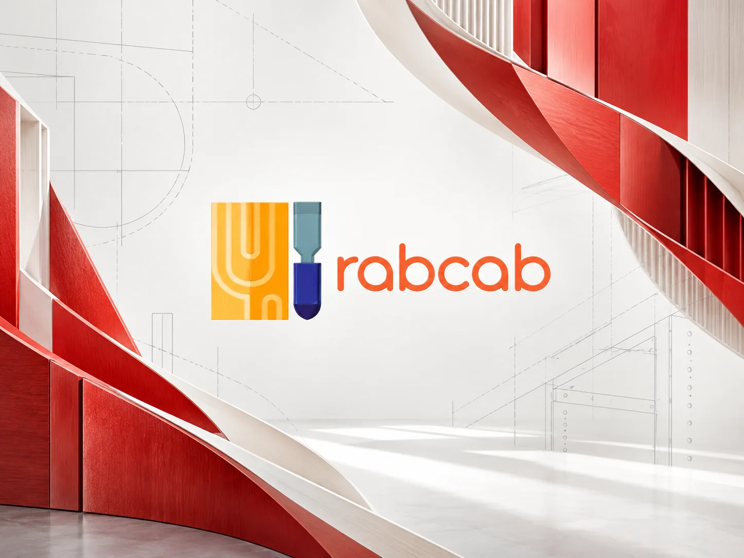 RabCab cover with its orange wordmark, routed-wood and cutting-tool mark, and red architectural forms over CAD linework